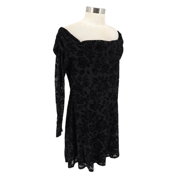 Wild Fable Fit Flare Dress Black Flocked Floral Off Shoulder Long Sleeve 2XL - Picture 3 of 8